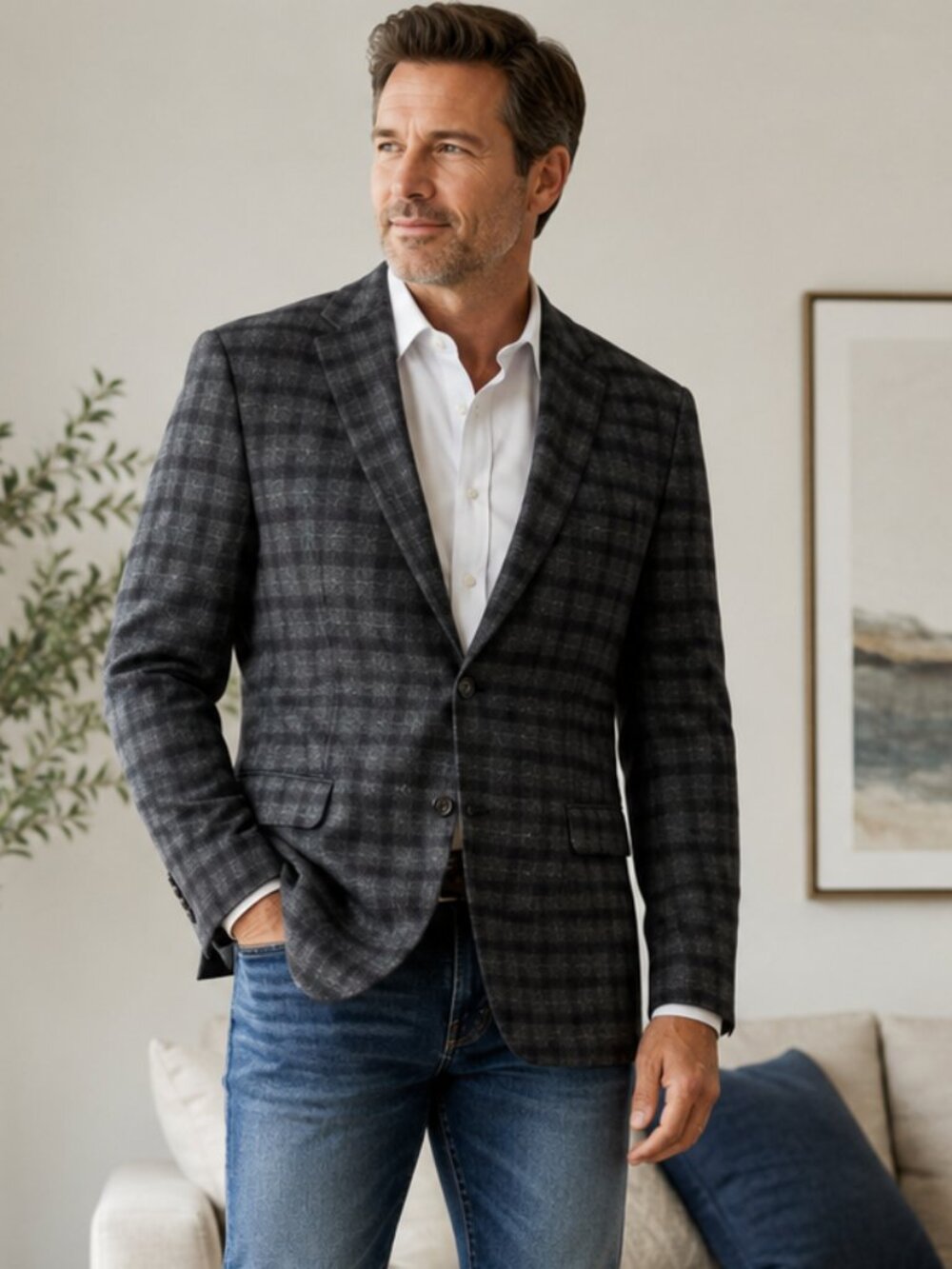 Daniel Hechter Paris Mens 56R Blue Grey Plaid Wool Blend Blazer Sport Coat